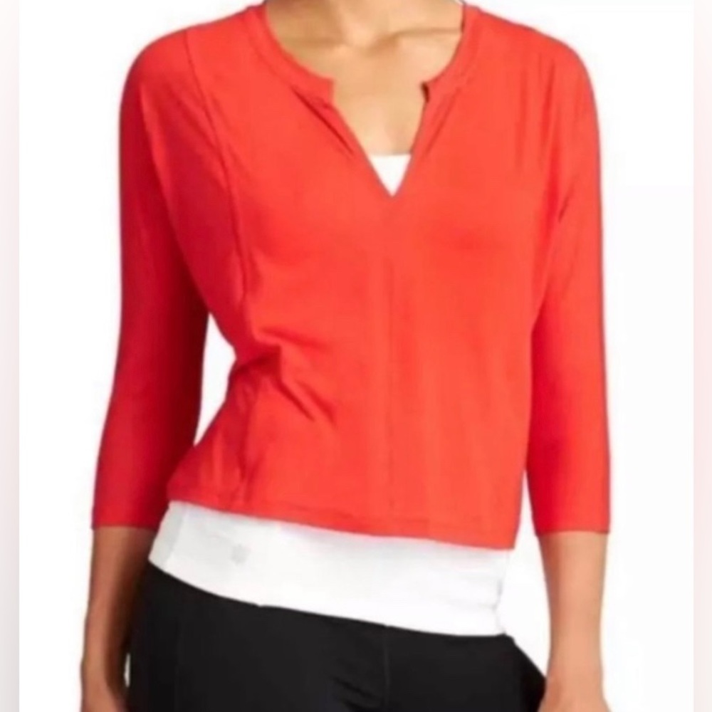 Athleta essence boxy red top, split neck, cropped, 3/4 sleeve XXS